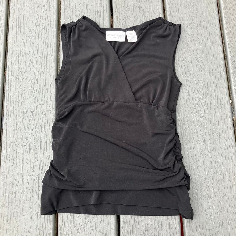Black surplice wrap tank top with ruched sides, officecore office siren Y2K